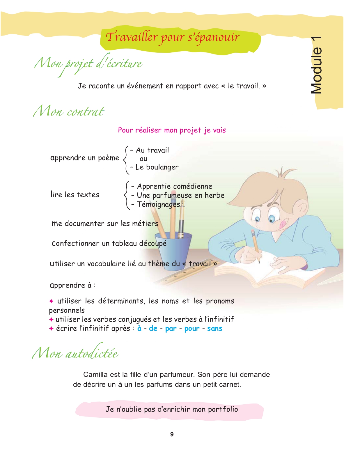 Page 9 du manuel : Mon projet d'écriture, Mon contrat et Mon autodictée du module 1